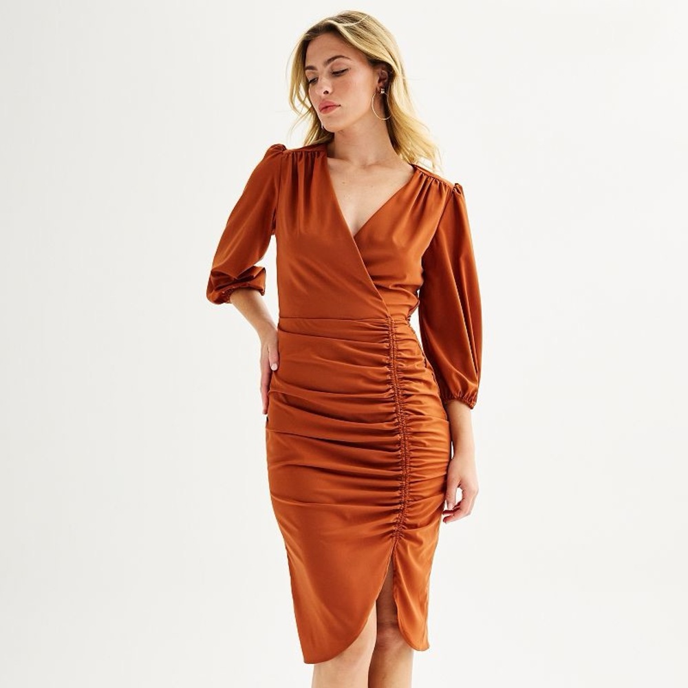 Maison Tara Rust Satin Ruched Midi Puff Sleeve Wrap Cocktail Dress